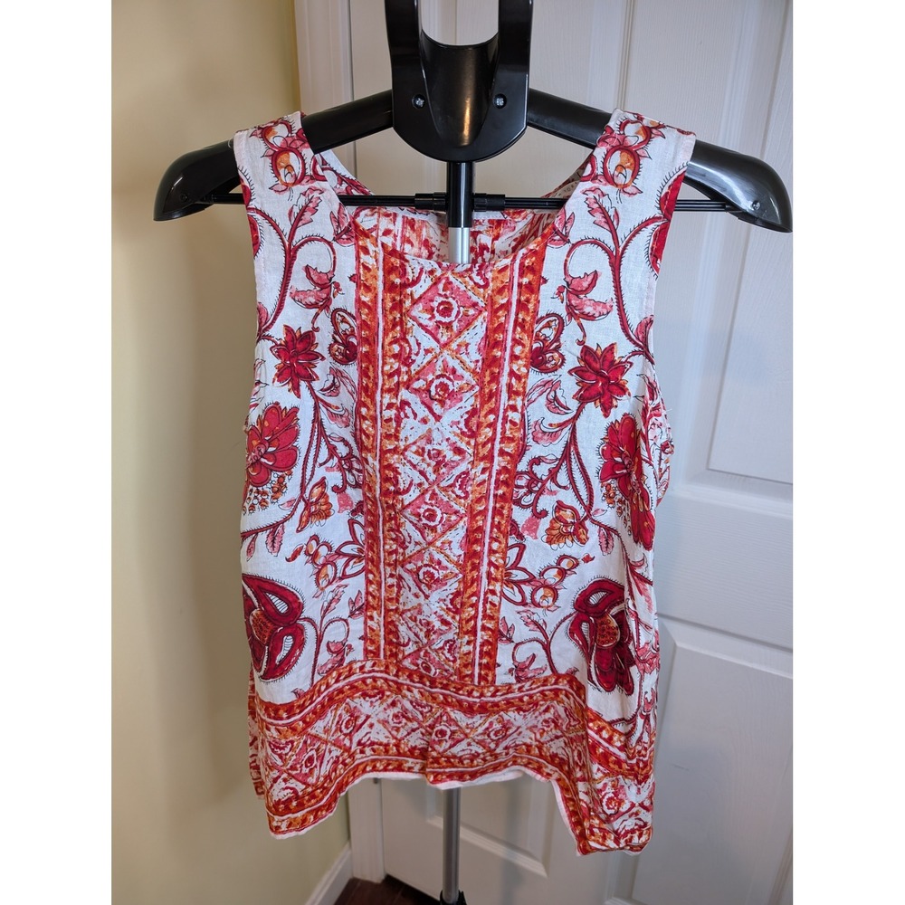 Nicole Miller Linen Blend Paisley Floral Border Print Button Back Women XS‎ NWT